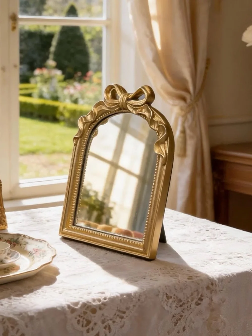 Ornate Gold Bow Table Mirror - Chic Decor